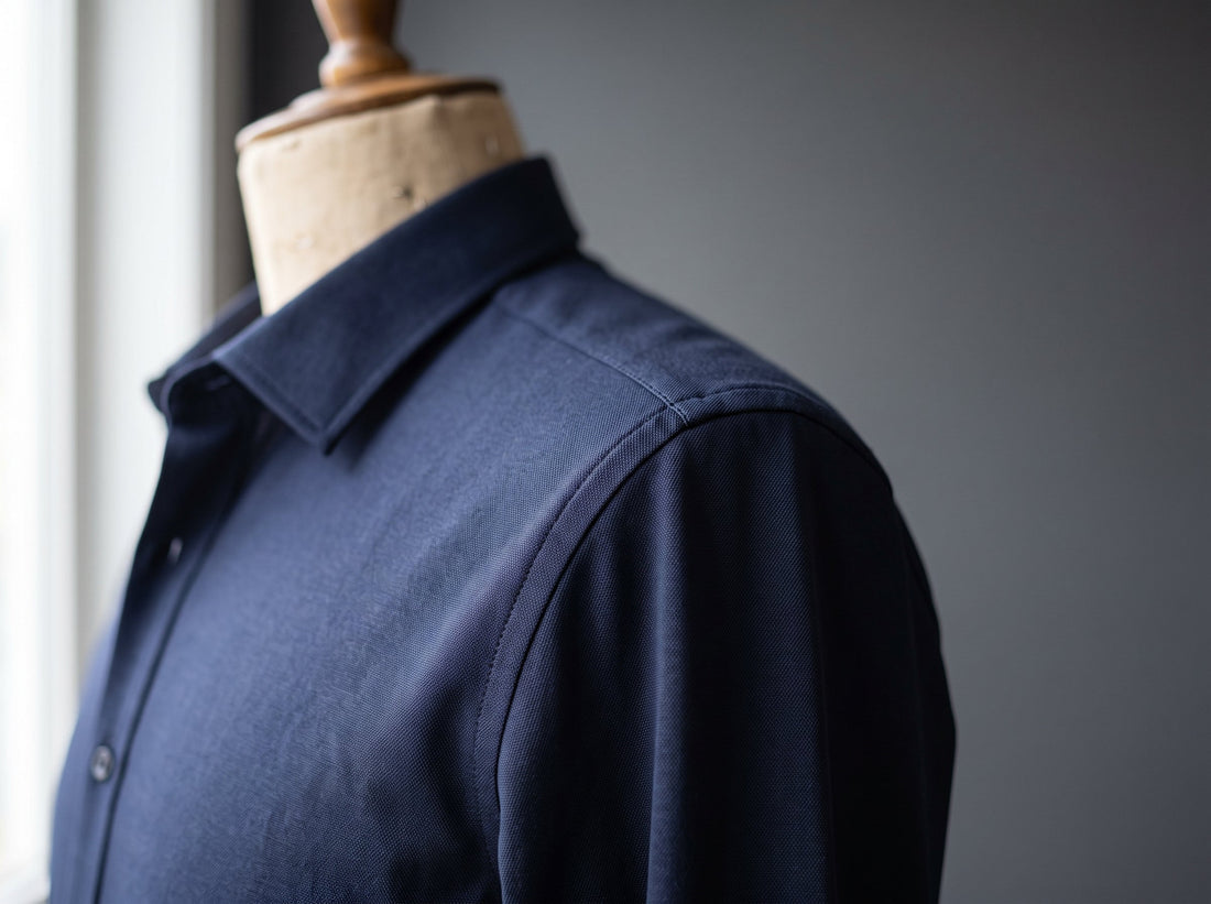 Shoulder seam and cut detail on a technical shirt