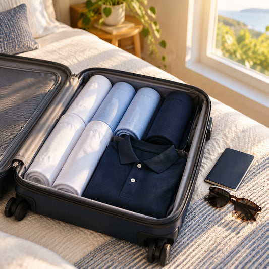 Technical shirts rolled into an open carry-on