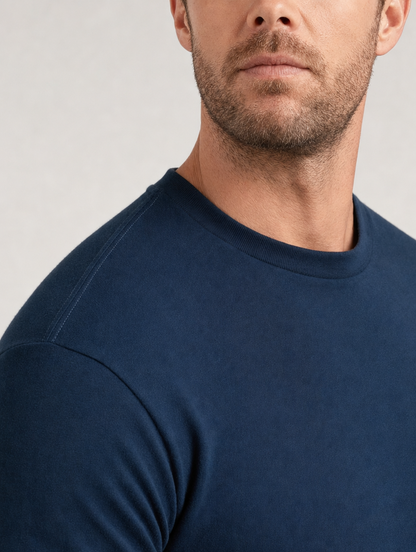 The Clean-Line Tee for men, navy, neckline detail