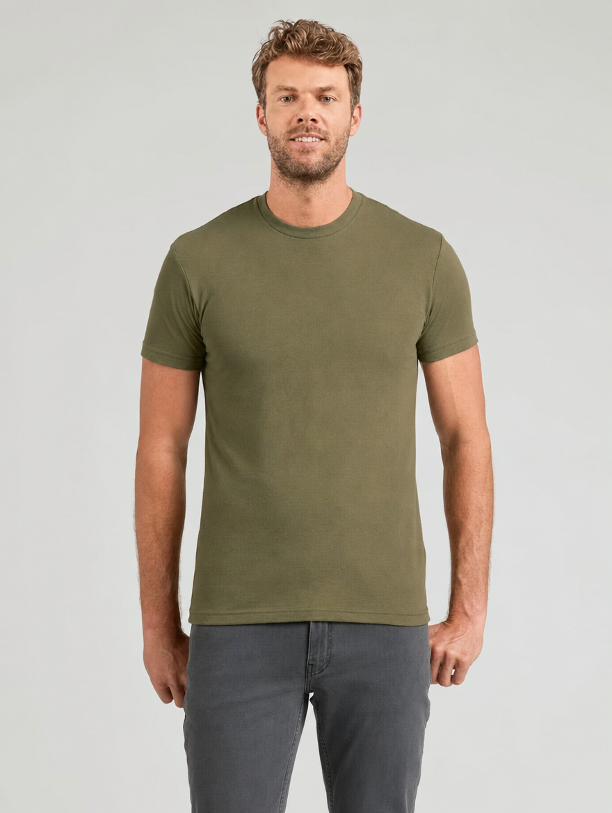 The Clean-Line Tee for men, military green, front view