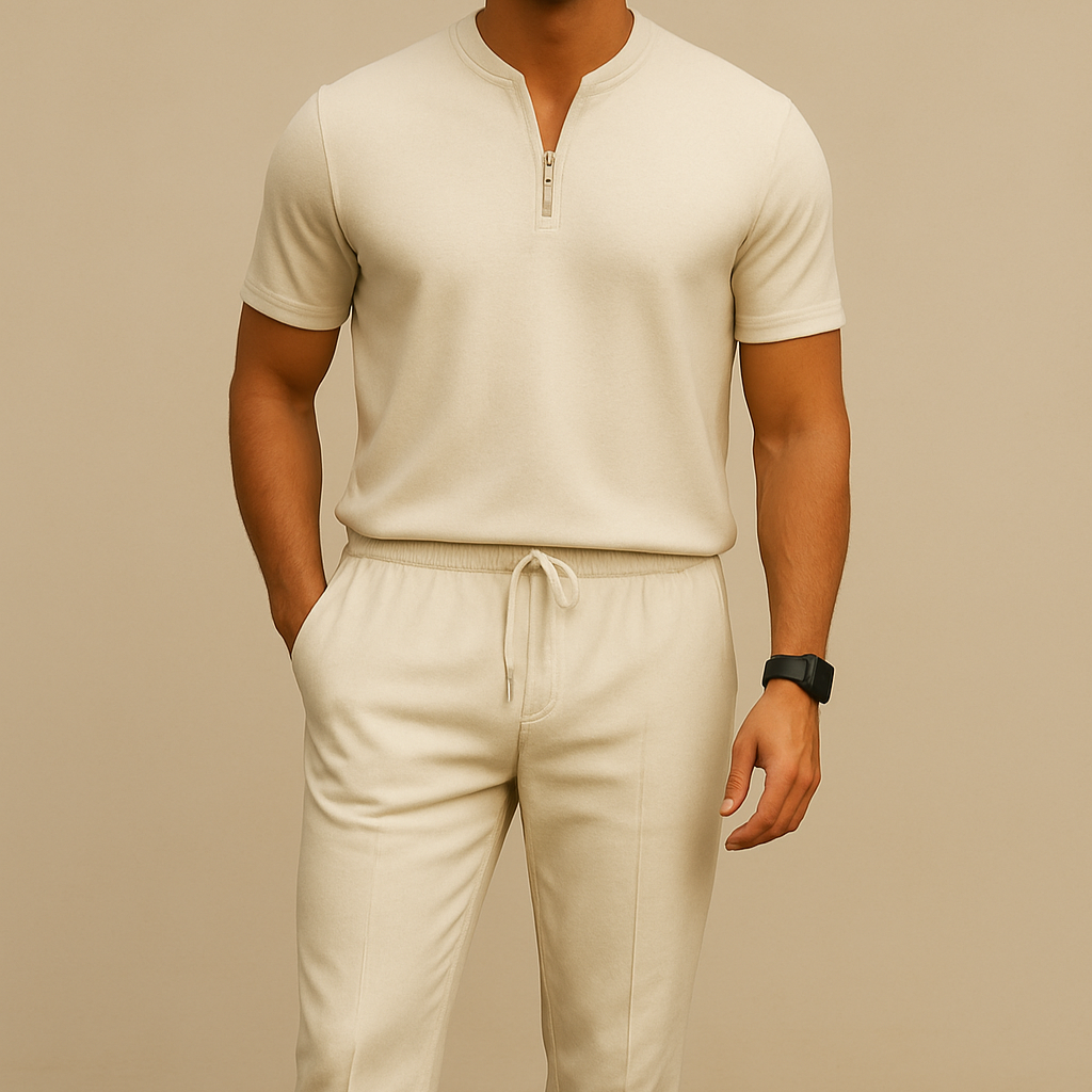 Men's Summer Waffle Collar Zipper Set for men, view 5