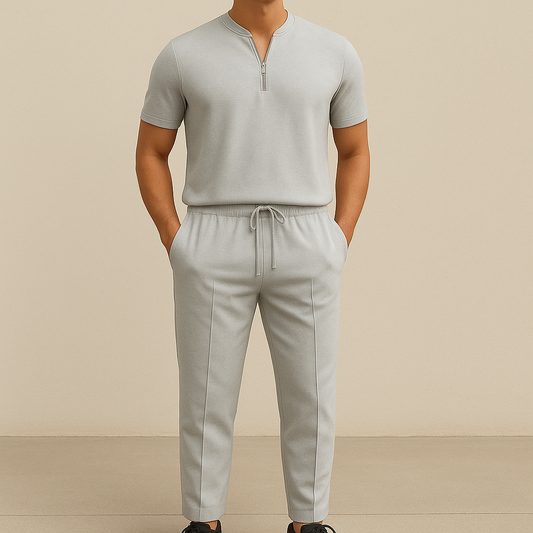 Men's Summer Waffle Collar Zipper Set for men, view 2