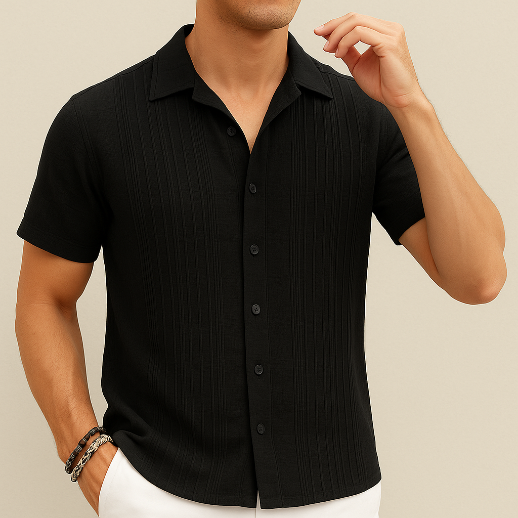 Black Cotton Pleated Beach Shirt for men, view 3