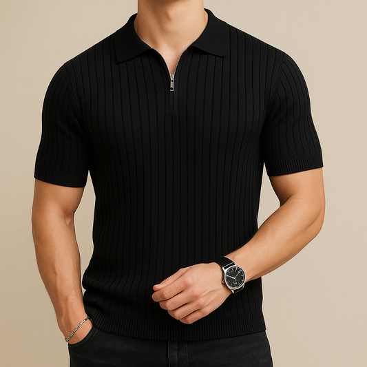 Black Ribbed Zipper Polo Shirt for men, view 2