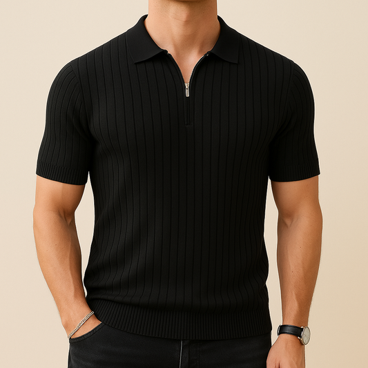 Black Ribbed Zipper Polo Shirt for men, view 1